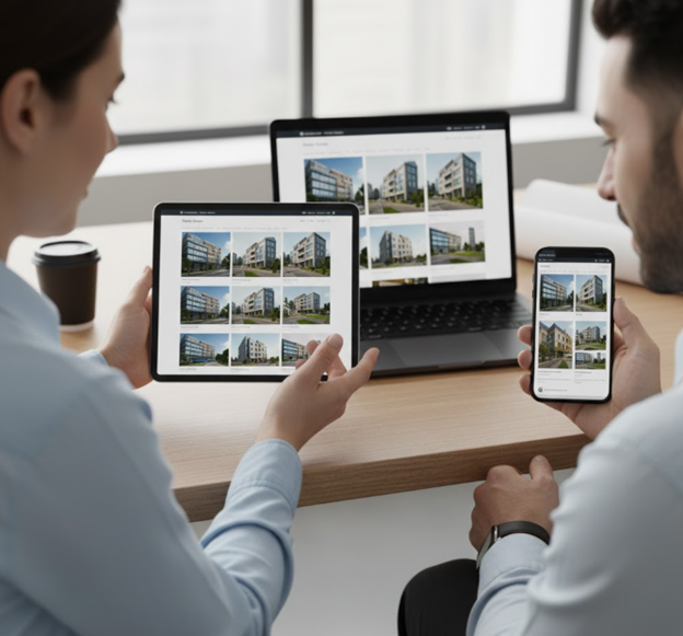 responsive-design-collaboration-2.jpg Two professionals viewing a construction website optimized for tablet and phone.