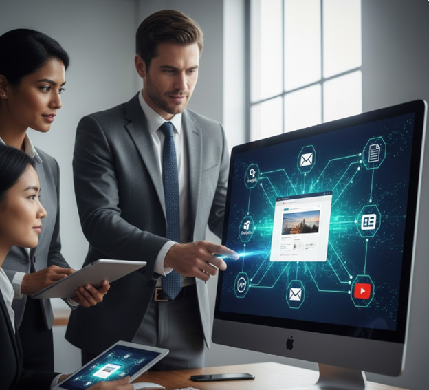 Professionals viewing a website integrated with multiple digital tools and platforms.