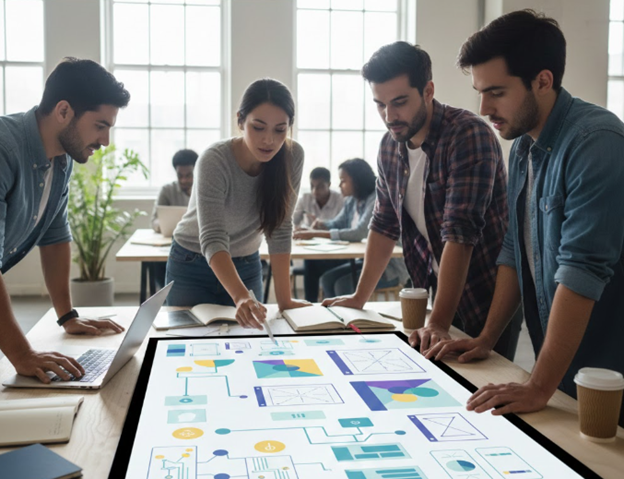 web-design-ux-strategy-meeting-2.jpg Professionals discussing a detailed UX strategy diagram.