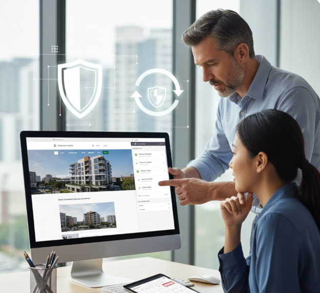 website-maintenance-overview-1.jpg Professionals reviewing website updates and security protocols on a monitor.
