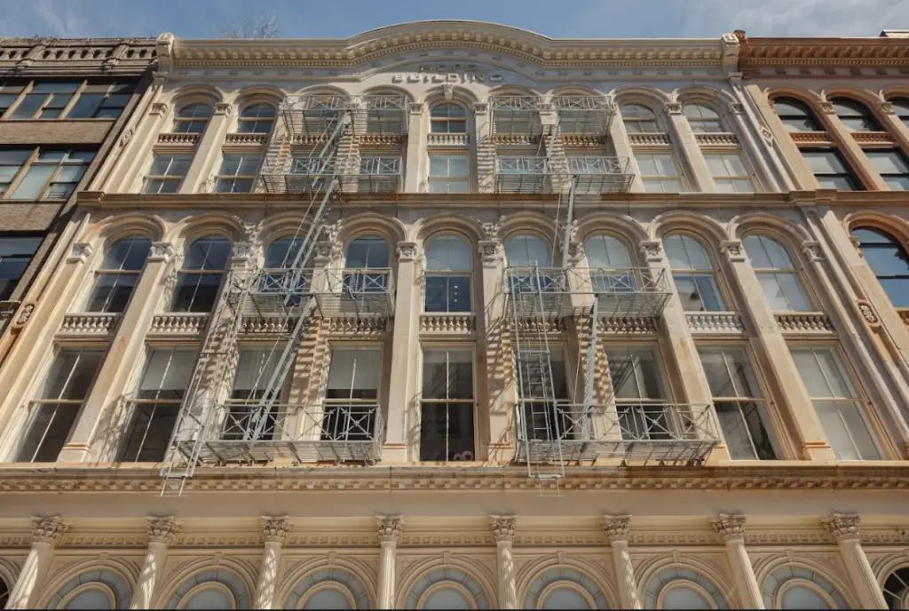 Close-up of an ornate historic building facade with fire escapes.
