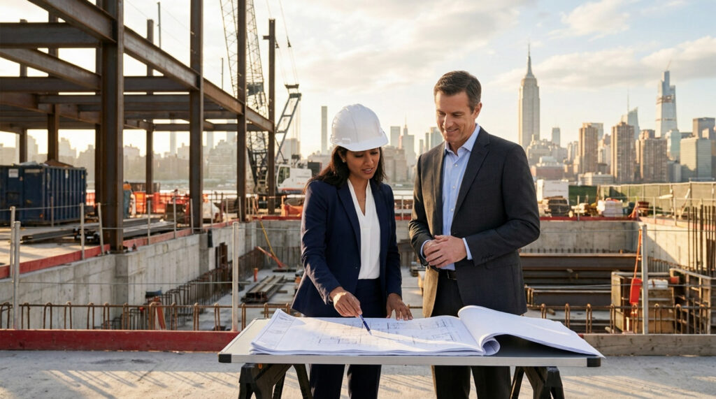 A professional woman in a hard hat and a man in a business suit reviewing construction blueprints at a job site with the New York City skyline in the background.