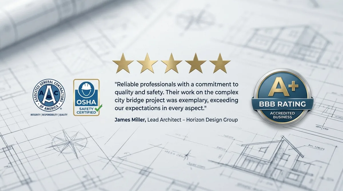 A five-star client testimonial from James Miller displayed over architectural blueprints, featuring AGC, OSHA, and A+ BBB accreditation logos.