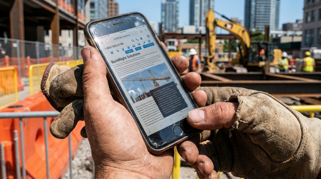 A construction worker wearing work gloves holding a smartphone displaying the BuildRight Solutions website at an active construction site.