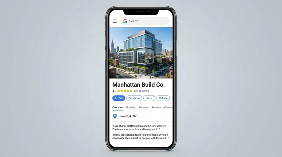 A smartphone screen displaying the Google Business Profile for Manhattan Build Co. in New York, showing ratings, contact options, and customer reviews.