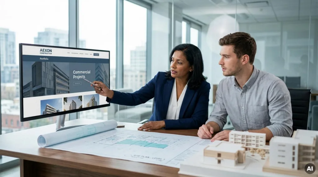 Construction professionals reviewing a commercial project portfolio on a company website